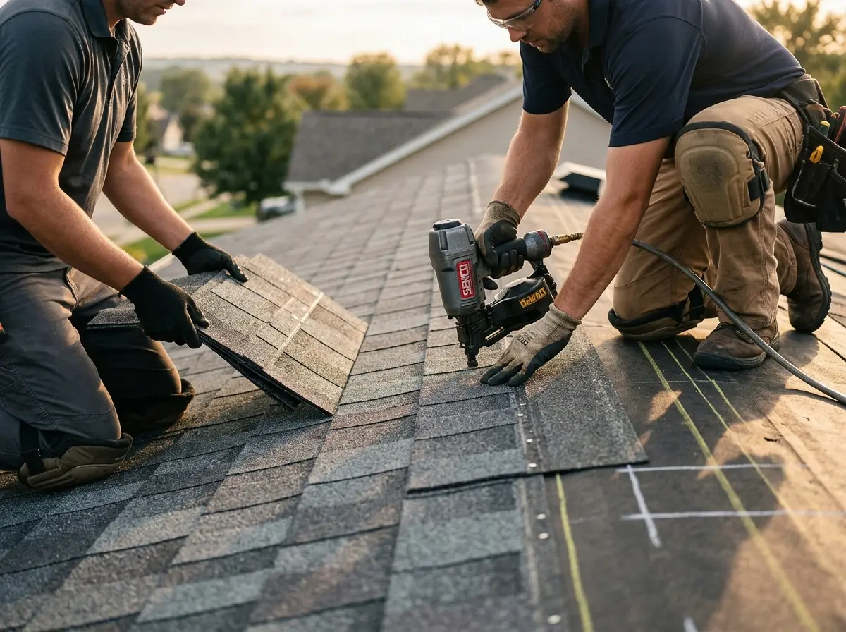 Professional roofer working on a residential roof in McHenry
